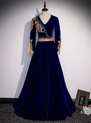 Blue Velvet V-neck Long Sleeve Gold Beading Prom Dresses