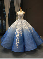 Blue White Ball Gown 3D Flower Cap Sleeve Haute Couture Prom Dresses