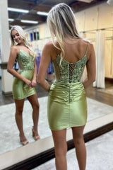 Bodycon V Neck Sage Green Satin Short Homecoming Dresses with Appliques