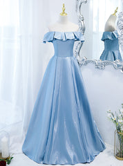 Brilliant Blue Satin Off the Shoulder Prom Dresses