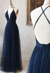 Simple Tulle Blue Long Prom Dress, A Line Backless Evening Dress