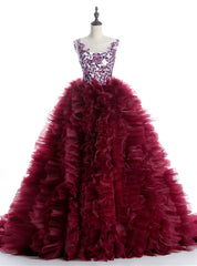 Burgundy Ball Gown Ruffles Beading Crystal Wedding Dresses