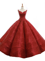 Burgundy Ball Gown Sequins Straps Backless Wedding Dresses