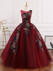 Burgundy Ball Gown Tulle Appliques Quinceanera Dresses