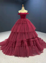 Burgundy Ball Gown Tulle Off the Shoulder Pleats Prom Dresses