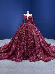 Burgundy Ball Gown Tulle Sequins Long Sleeve Prom Dresses