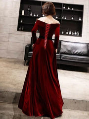 Burgundy Classic Evening Dresses Velvet Long Sleeve Off Shoulder Prom Dresses