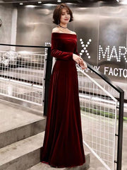 Burgundy Classic Evening Dresses Velvet Long Sleeve Off Shoulder Prom Dresses