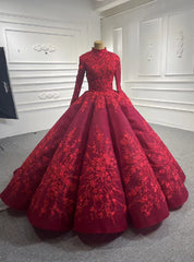 Burgundy High Neck Long Sleeve Appliques Prom Dresses