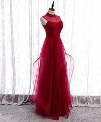 Burgundy High Neck Tulle Sequin Beads Long Evening Dresses