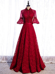 Burgundy Lace Short Sleeve Handwork Beading Prom Dresses