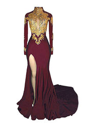 Burgundy mermaid High Neck Long Sleeve Appliques Prom Dresses