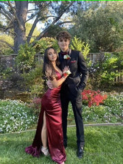 Burgundy Mermaid Long Prom Dress V Neck Party Dress With Slit