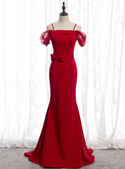 Burgundy Mermaid Satin Spagehtti Straps Prom Dresses With Sash