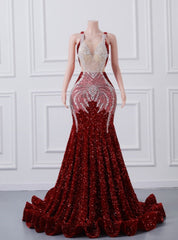 Burgundy Mermaid Sequins Backless Prom Dresses