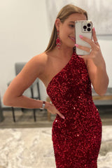 Burgundy Mermaid Sequins Long Prom Dress