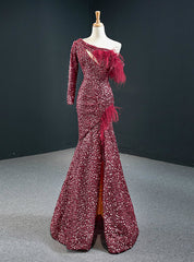 Burgundy Mermaid Sequins One Shoulder Long Sleeve Prom Dresses