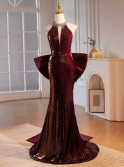 Burgundy mermaid Sequins Satin Bow Prom Dresses