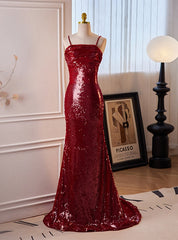 Burgundy Mermaid Sequins Spaghetti Straps Prom Dresses