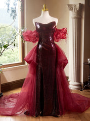 Burgundy Mermaid Sequins Strapless Prom Dresses With Train