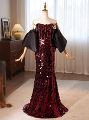 Burgundy Mermaid Sequins Strapless Prom Dresses