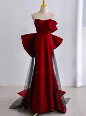 Burgundy Mermaid Strapless Bow Prom Dresses