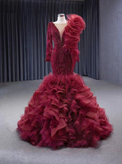 Burgundy Mermaid Tulle Beading Prom Dresses