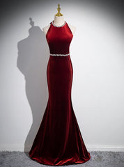 Burgundy Mermaid Velvet Backless Prom Dresses