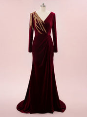 Burgundy Mermaid Velvet Long Sleeve Beading Prom Dresses