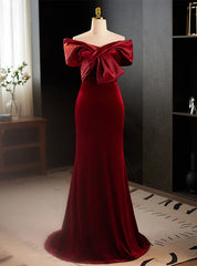 Burgundy Mermaid Velvet Off the Shoulder Pleats Prom Dresses