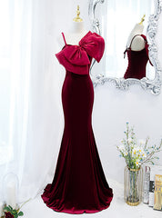 Burgundy Mermaid Velvet Spaghetti Straps Prom Dresses