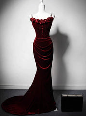 Burgundy Mermaid Velvet Straps Flwoer Prom Dresses