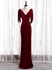 Burgundy Mermaid Velvet V-neck Prom Dresses