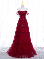 Burgundy Off Shoulder Long Prom Dress, Burgundy Formal Dress with Beading Sequin