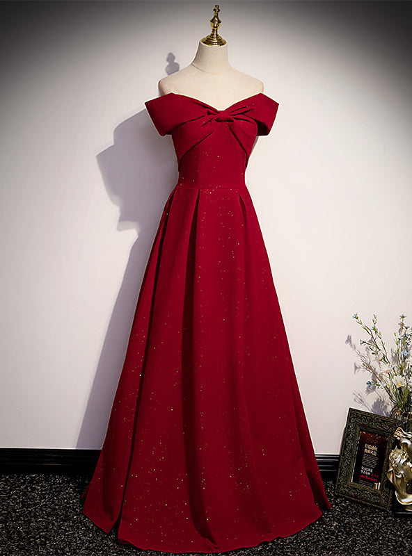 Burgundy Off the Shoulder Pleats Prom Dress