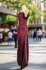 Burgundy Off The Shoulder Prom Dresses Simple Satin Formal Dresses