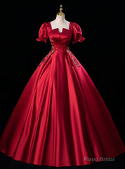 Burgundy Red Satin Short Sleeve Appliques Quinceanera Dress