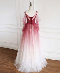 Burgundy Round Neck Tulle Long Prom Dress Burgundy Evening Dress