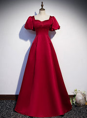 Burgundy Satin Backless Puff Sleeve Beading Prom Dresses