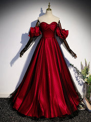 Burgundy Satin Black Tulle Sweetheart Prom Dresses