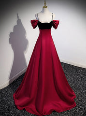 Burgundy Satin Black Velvet Spaghetti Straps Beading Prom Dresses