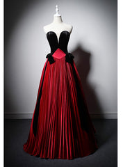 Burgundy Satin Black Velvet Strapless Prom Dresses