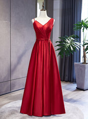 Burgundy Satin Dissymmetry Neck Beading Prom Dress