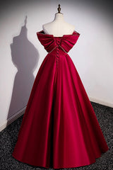 Burgundy Satin Floor Length Prom Dresses, A-Line Off the Shoulder Evening Party Dresses