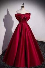 Burgundy Satin Floor Length Prom Dresses, A-Line Off the Shoulder Evening Party Dresses