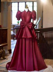 Burgundy Satin High Neck Puff Sleeve Bow Prom Dresses