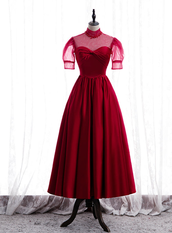 Burgundy Satin High Neck Short Sleeve Pleats Pearls Prom Dress