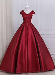 Burgundy Satin Lace Applique Scoop Neckline Long Prom Dresses