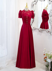 Burgundy Satin Lace Puff Sleeve Backless Prom Dresses