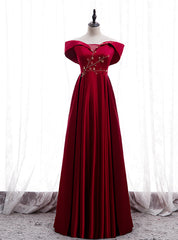 Burgundy Satin Off the Shoulder Appliques Beading Prom Dresses